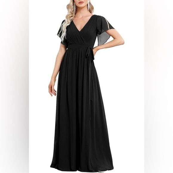 Loyeloy V Neck Chiffon Short Sleeve High Slit Pleated Front Formal Bridesmaid 22 - Picture 11 of 11